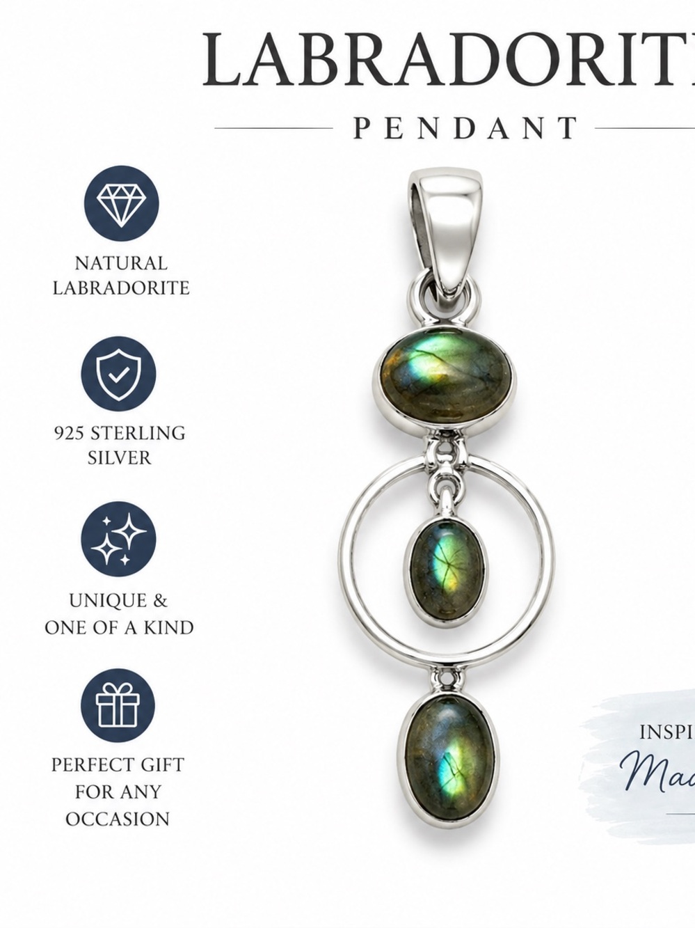 Sterling Silver Labradorite Pendant Necklace - Green Blue Flash